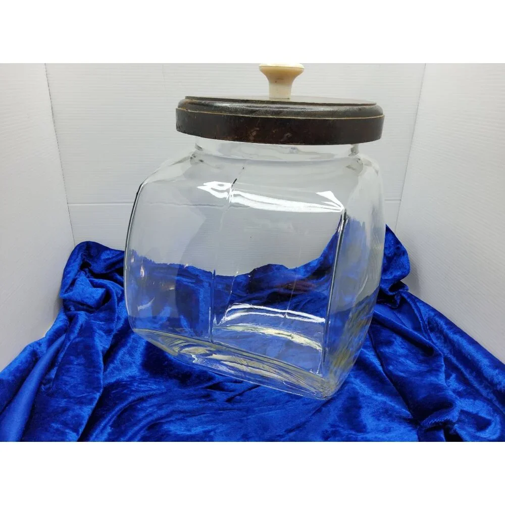 vintage large old fashion general store candy jar w/wooden lid